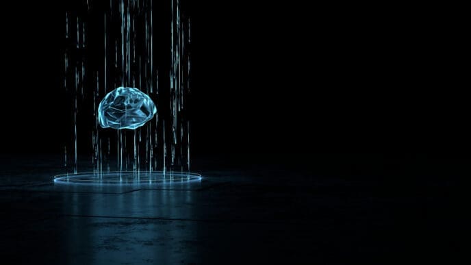 A glowing, polygonal artificial brain being projected upwards by blue digital light beams from a circular platform on a dark, futuristic surface.
