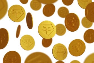 Numerous golden digital coins (Tether/USDT symbol) floating against a white background, suggesting cryptocurrency or digital currency.