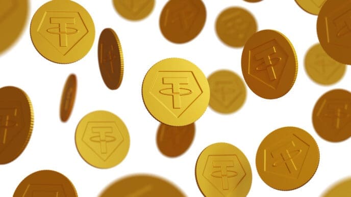 Numerous golden digital coins (Tether/USDT symbol) floating against a white background, suggesting cryptocurrency or digital currency.
