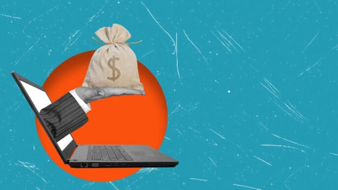 A hand in a suit sleeve emerging from a laptop screen, holding a money bag with a dollar sign, against a textured blue background with an orange circle.