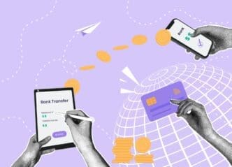 A digital illustration depicting various financial technology actions: mobile banking, digital payments, and money transfer, with a globe.
