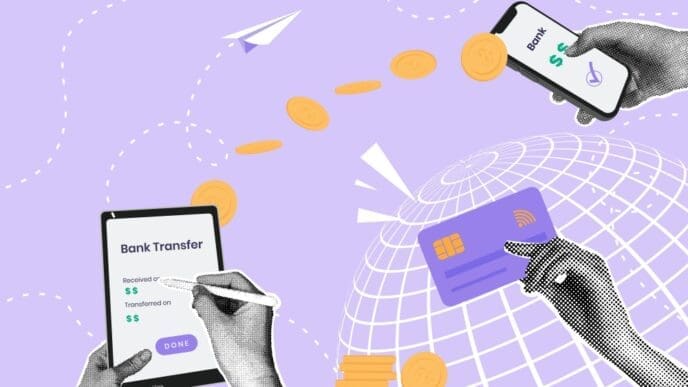 A digital illustration depicting various financial technology actions: mobile banking, digital payments, and money transfer, with a globe.