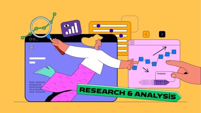 A colorful flat illustration depicting a person interacting with digital screens and charts, symbolizing research and analysis for SEO and content strategy.