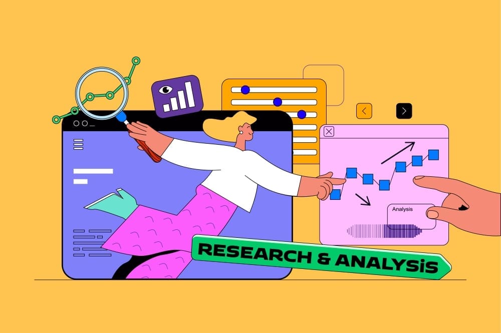 A colorful flat illustration depicting a person interacting with digital screens and charts, symbolizing research and analysis for SEO and content strategy.