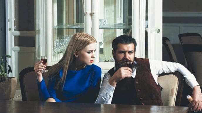 A serious-looking man with a beard and a woman with blonde hair sit at a table, both holding glasses of red wine, with the man looking thoughtful and the woman looking towards him, suggesting a deep conversation in a formal setting.