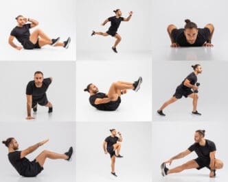 A nine-panel collage showing a man performing various bodyweight exercises, including crunches, lunges, push-ups, and squats.