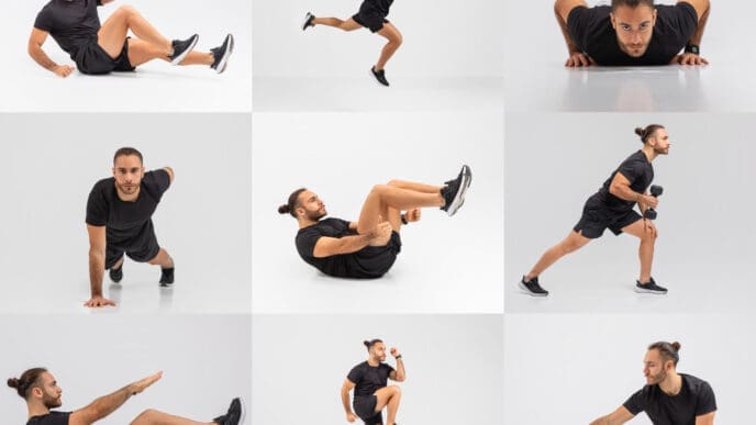 A nine-panel collage showing a man performing various bodyweight exercises, including crunches, lunges, push-ups, and squats.