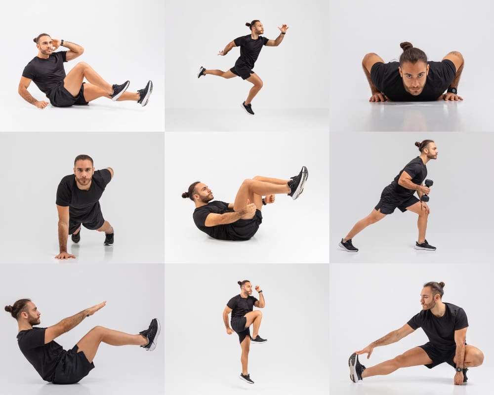 A nine-panel collage showing a man performing various bodyweight exercises, including crunches, lunges, push-ups, and squats.