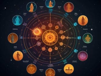 A complex and glowing astrological chart with multiple concentric circles and a central bright light, surrounded by smaller circular images depicting various figures and symbols, all against a dark, starry, cosmic background.