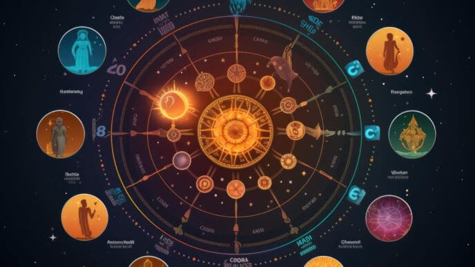 A complex and glowing astrological chart with multiple concentric circles and a central bright light, surrounded by smaller circular images depicting various figures and symbols, all against a dark, starry, cosmic background.
