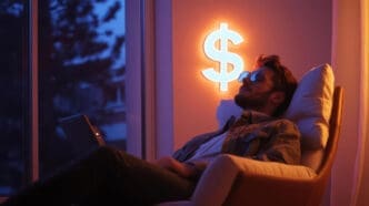 A man in sunglasses relaxing in a chair, looking at a glowing dollar sign on the wall, in a dimly lit room.