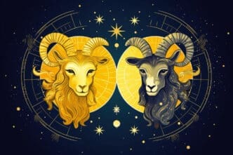 A stylized illustration featuring two ram-like heads, one golden and one dark grey, representing the zodiac sign Aries or Capricorn, against a cosmic background.