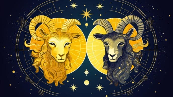A stylized illustration featuring two ram-like heads, one golden and one dark grey, representing the zodiac sign Aries or Capricorn, against a cosmic background.
