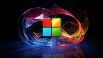 The colorful, four-pane Windows logo surrounded by swirling, translucent abstract shapes on a dark background.