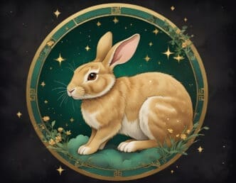 An illustrated golden-brown rabbit with soft fur sits on a green cloud-like base, encircled by an ornate golden and green ring adorned with Chinese symbols and stars, against a dark, starry background.