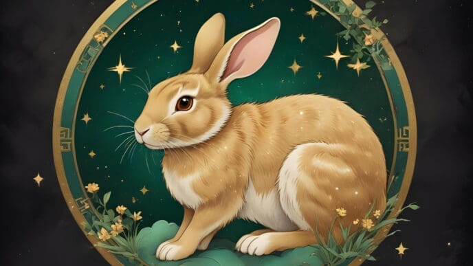 An illustrated golden-brown rabbit with soft fur sits on a green cloud-like base, encircled by an ornate golden and green ring adorned with Chinese symbols and stars, against a dark, starry background.