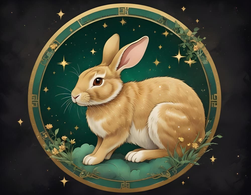 An illustrated golden-brown rabbit with soft fur sits on a green cloud-like base, encircled by an ornate golden and green ring adorned with Chinese symbols and stars, against a dark, starry background.