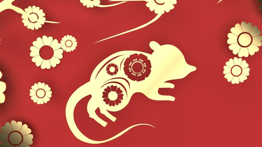 A stylized golden silhouette of a rat adorned with floral patterns, surrounded by various white and gold flowers, all set against a vibrant red background, representing the Earth Rat Chinese Zodiac.