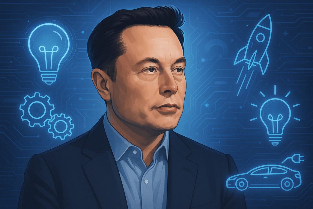 An illustration of Elon Musk against a futuristic blue background with glowing neon outlines of light bulbs, gears, a rocket, and an electric car.