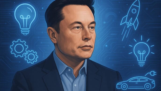 An illustration of Elon Musk against a futuristic blue background with glowing neon outlines of light bulbs, gears, a rocket, and an electric car.