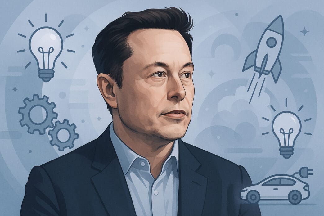 An illustration of Elon Musk looking thoughtfully, surrounded by icons representing innovation: light bulbs, gears, a rocket, and an electric car.
