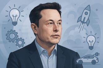 An illustration of Elon Musk looking thoughtfully, surrounded by icons representing innovation: light bulbs, gears, a rocket, and an electric car.
