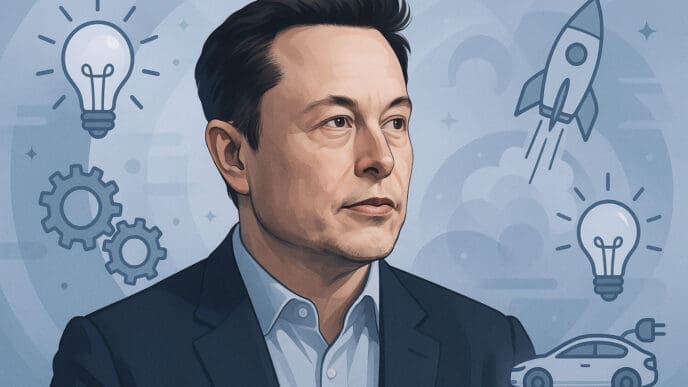 An illustration of Elon Musk looking thoughtfully, surrounded by icons representing innovation: light bulbs, gears, a rocket, and an electric car.