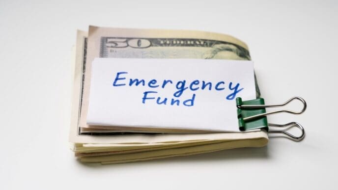 A stack of US dollar bills with a note reading "Emergency Fund" clipped to it.