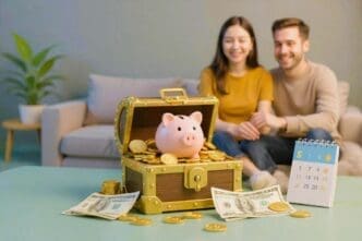 A piggy bank in a treasure chest overflowing with money and coins on a table, with a smiling couple blurred in the background.