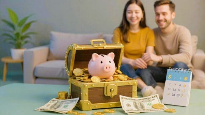 A piggy bank in a treasure chest overflowing with money and coins on a table, with a smiling couple blurred in the background.