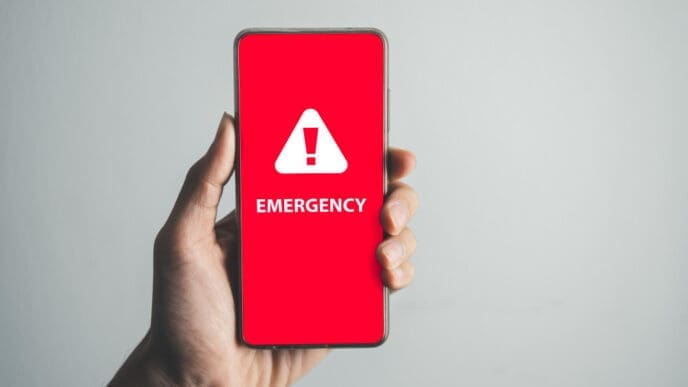 A hand holds a smartphone displaying a bright red screen with a large white warning triangle and the word "EMERGENCY," symbolizing a crisis or urgent situation.