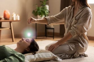 A woman lying on a pillow with eyes closed, as another woman kneels beside her, holding a pendulum with a glowing light over her forehead, in a serene room with salt lamps and candles.