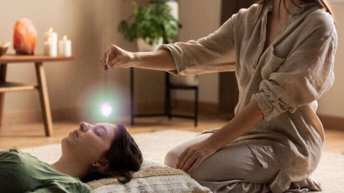 A woman lying on a pillow with eyes closed, as another woman kneels beside her, holding a pendulum with a glowing light over her forehead, in a serene room with salt lamps and candles.