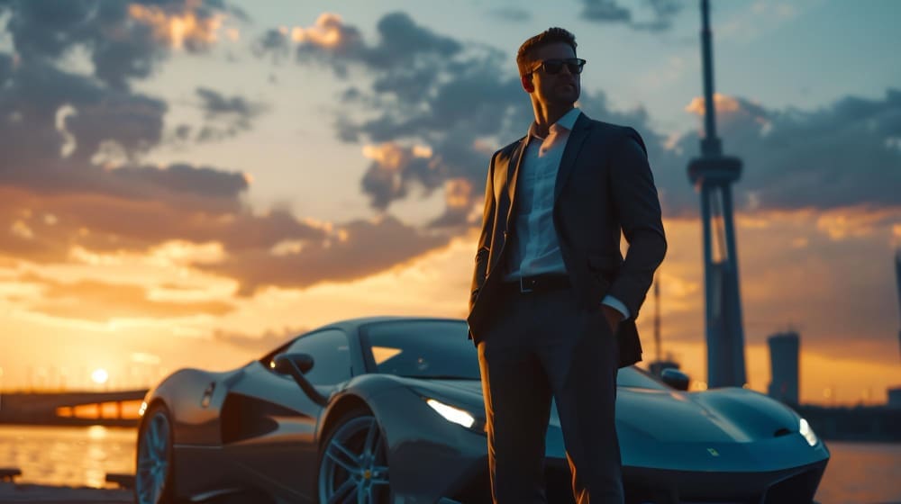 A successful man in a suit and sunglasses standing confidently in front of a sleek supercar at sunset, with a city skyline in the background.