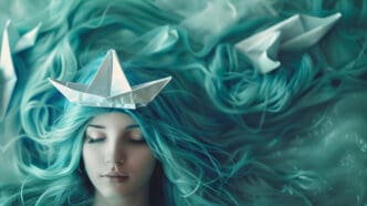 A woman with long, flowing teal hair, seemingly underwater, with white paper boats resting on her hair and around her.