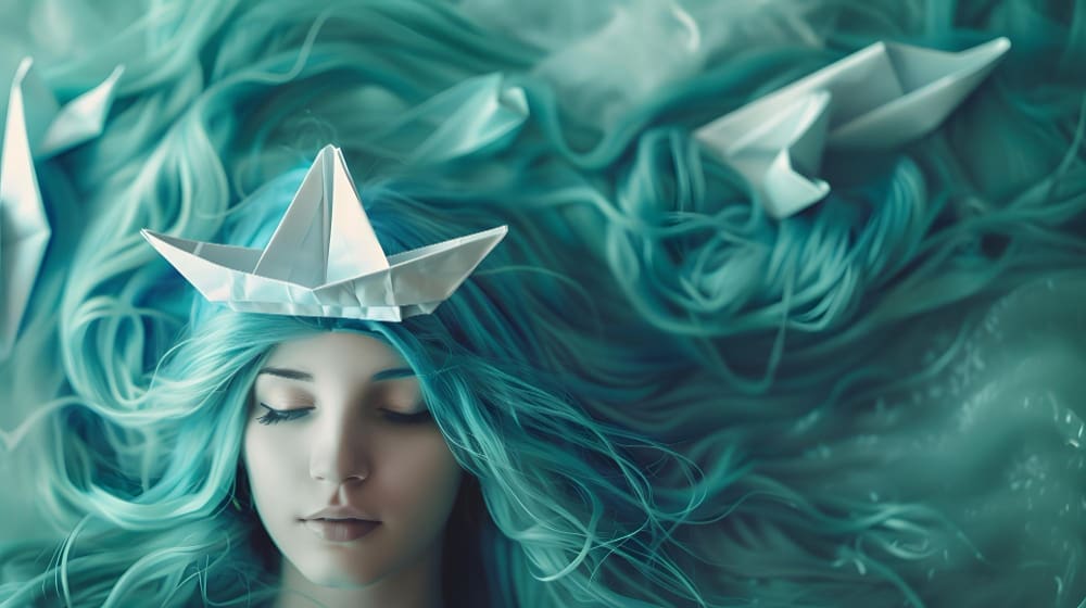 A woman with long, flowing teal hair, seemingly underwater, with white paper boats resting on her hair and around her.