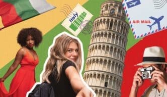 A collage featuring two travelers, the Leaning Tower of Pisa, travel stamps, and an Italian flag, representing European travel planning.