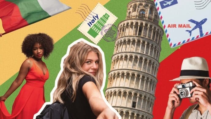 A collage featuring two travelers, the Leaning Tower of Pisa, travel stamps, and an Italian flag, representing European travel planning.