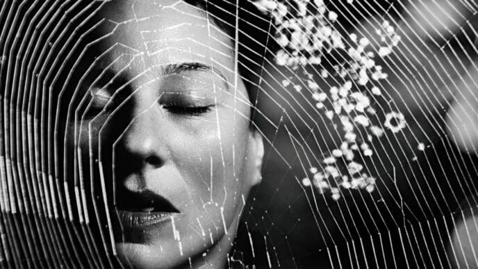 A black and white close-up of a person's face with closed eyes, overlaid by a prominent spider web in sharp focus across the foreground, symbolizing phobia or exposure therapy.