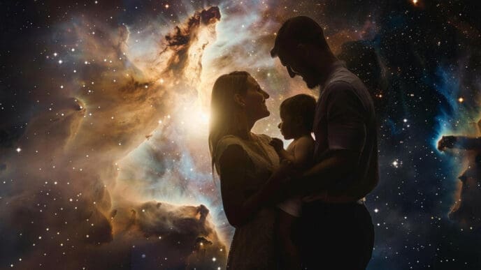 Silhouettes of a happy couple holding a baby, against a vibrant, swirling nebula and starry cosmic background, symbolizing a universal connection.