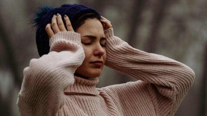 A young woman holding her head, with eyes closed and a pained expression, in a foggy outdoor setting.