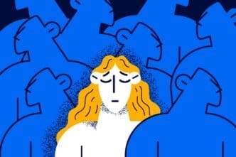 Illustration of a distressed person with yellow hair surrounded by many blue, indistinct figures.