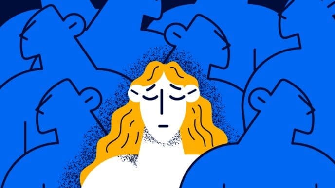 Illustration of a distressed person with yellow hair surrounded by many blue, indistinct figures.