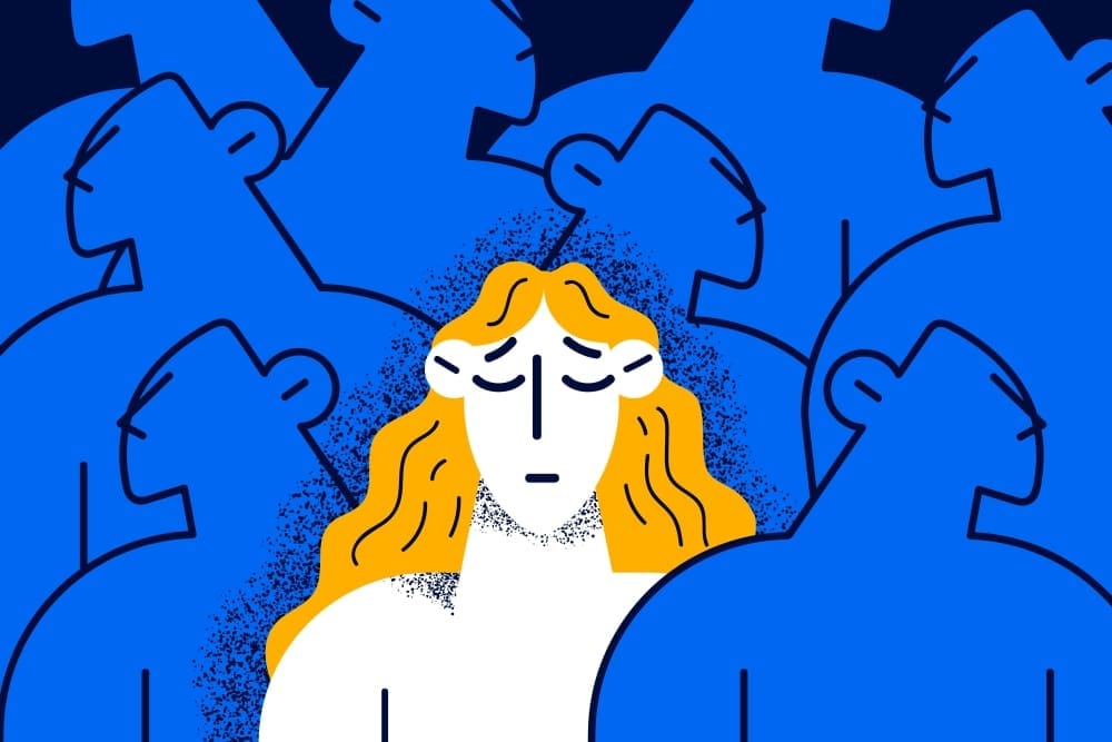 Illustration of a distressed person with yellow hair surrounded by many blue, indistinct figures.