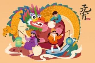 A vibrant illustration for the Chinese New Year, showing children celebrating around a large, colorful dragon with lanterns and festive elements.