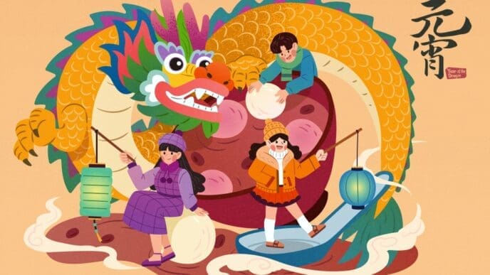 A vibrant illustration for the Chinese New Year, showing children celebrating around a large, colorful dragon with lanterns and festive elements.