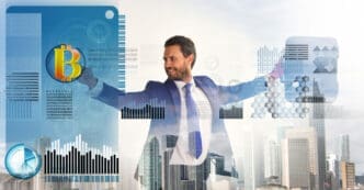 A smiling businessman in a suit with outstretched arms, overlaid with digital financial graphics including a Bitcoin symbol and charts, against a backdrop of a city skyline, representing FinTech leadership.