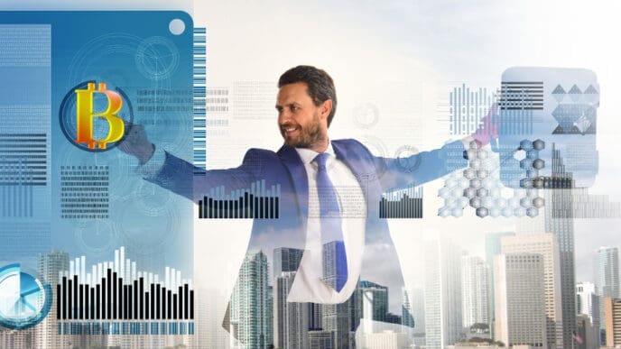 A smiling businessman in a suit with outstretched arms, overlaid with digital financial graphics including a Bitcoin symbol and charts, against a backdrop of a city skyline, representing FinTech leadership.