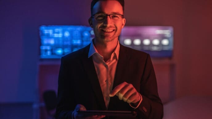 A smiling man in a suit and glasses holds a tablet, looking at the camera, with a background of glowing blue and pink digital screens, suggesting a FinTech or tech-driven environment.