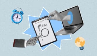 A digital collage with a blue alarm clock, a laptop with a blue circle on its screen, and a lightbulb puzzle piece, all surrounded by hands holding a magnifying glass over a "plan" checklist on a clipboard, against a light blue background.